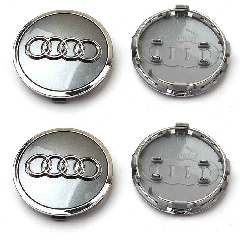 Close-Up of Genuine 61mm Audi Wheel Center Cap in Black and Gray
