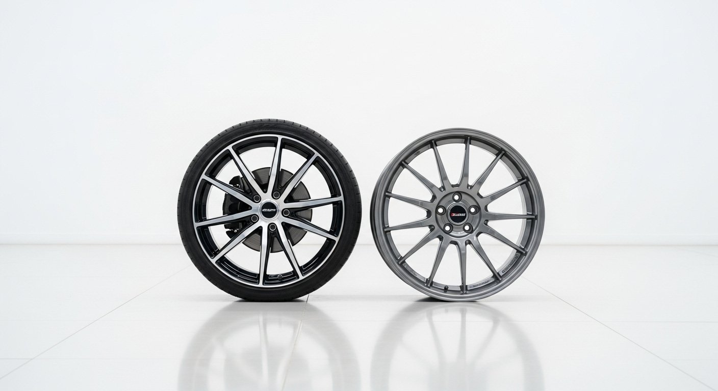 OEM car wheel next to aftermarket rim on white background
