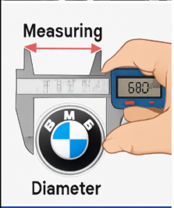 Digital caliper measuring BMW wheel center cap diameter in millimeters