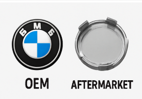 Side-by-side comparison of OEM and aftermarket BMW wheel center caps