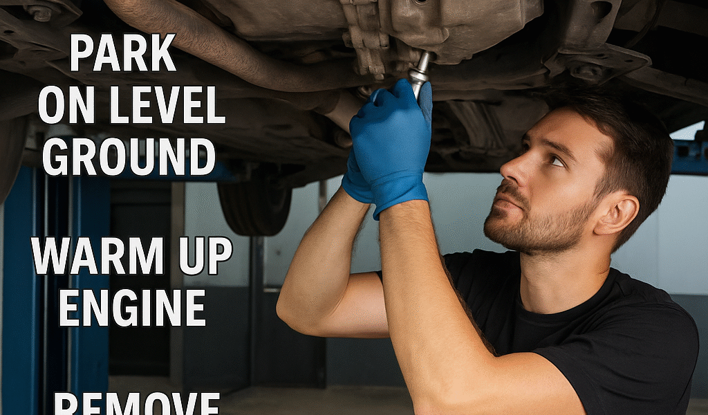 A guide on how to check transmission fluid without a dipstick, showing step-by-step instructions and a mechanic working under the hood