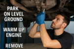 A guide on how to check transmission fluid without a dipstick, showing step-by-step instructions and a mechanic working under the hood