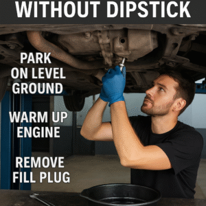 A guide on how to check transmission fluid without a dipstick, showing step-by-step instructions and a mechanic working under the hood