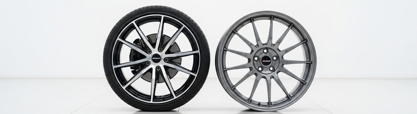 OEM car wheel next to aftermarket rim on white background