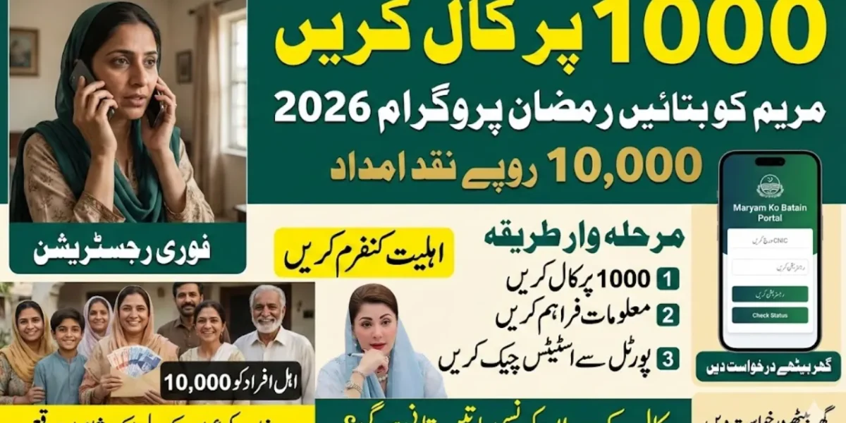 Maryam Ko Batain Ramadan Program 2026 banner showing 1000 SMS registration method and Rs 10,000 financial