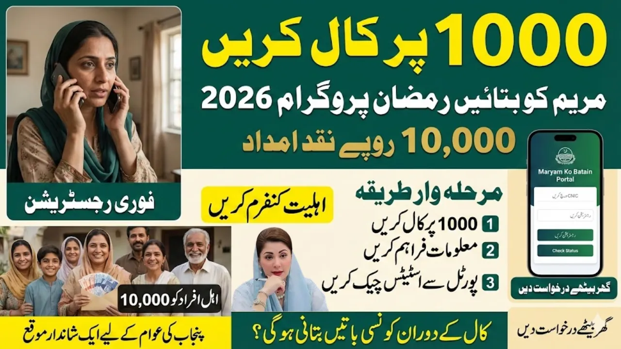 Maryam Ko Batain Ramadan Program 2026 banner showing 1000 SMS registration method and Rs 10,000 financial